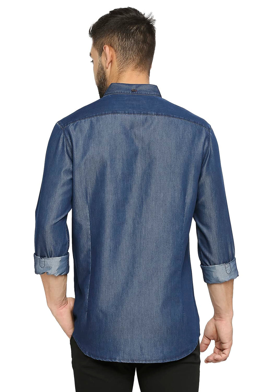 BASICS SLIM FIT POSEIDON BLUE COTTON POLYESTER INDIGO SHIRT