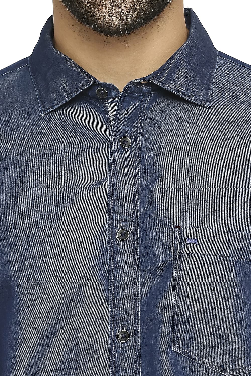 BASICS SLIM FIT COTTON POLYESTER INDIGO SHIRT