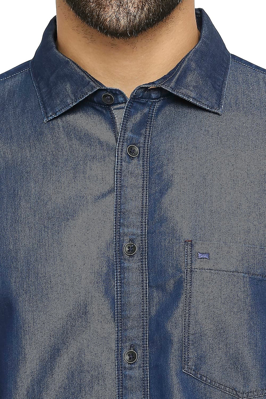 BASICS SLIM FIT POSEIDON BLUE COTTON POLYESTER INDIGO SHIRT