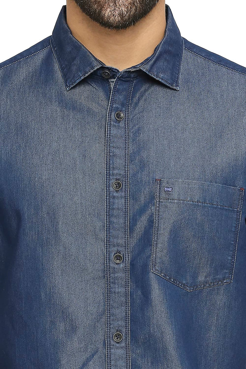 BASICS SLIM FIT COTTON POLYESTER INDIGO HALFSLEEVES SHIRT