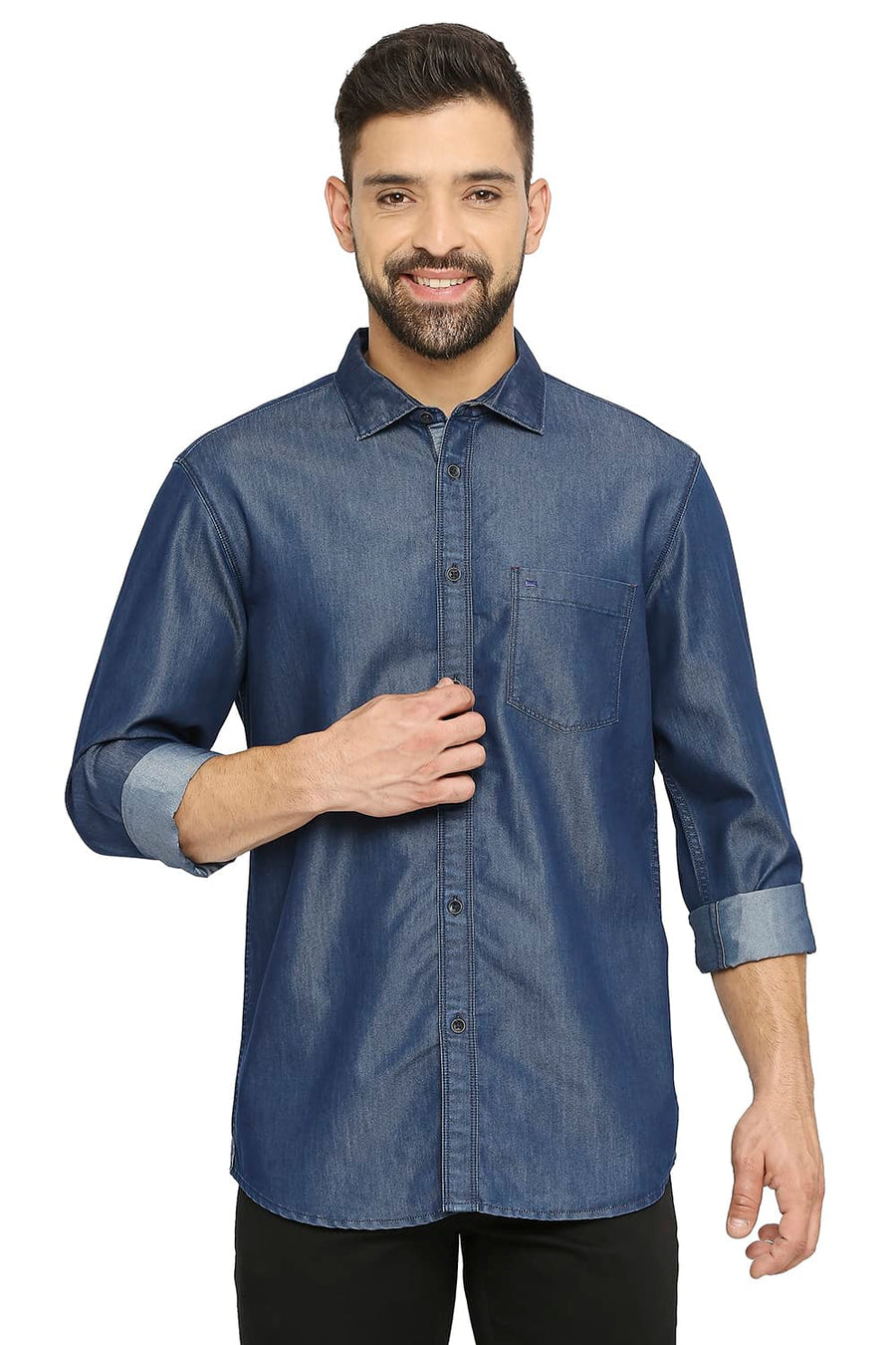 BASICS SLIM FIT POSEIDON BLUE COTTON POLYESTER INDIGO SHIRT