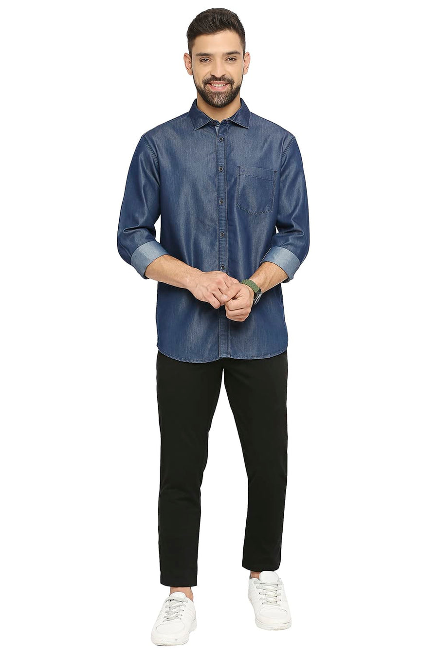 BASICS SLIM FIT POSEIDON BLUE COTTON POLYESTER INDIGO SHIRT