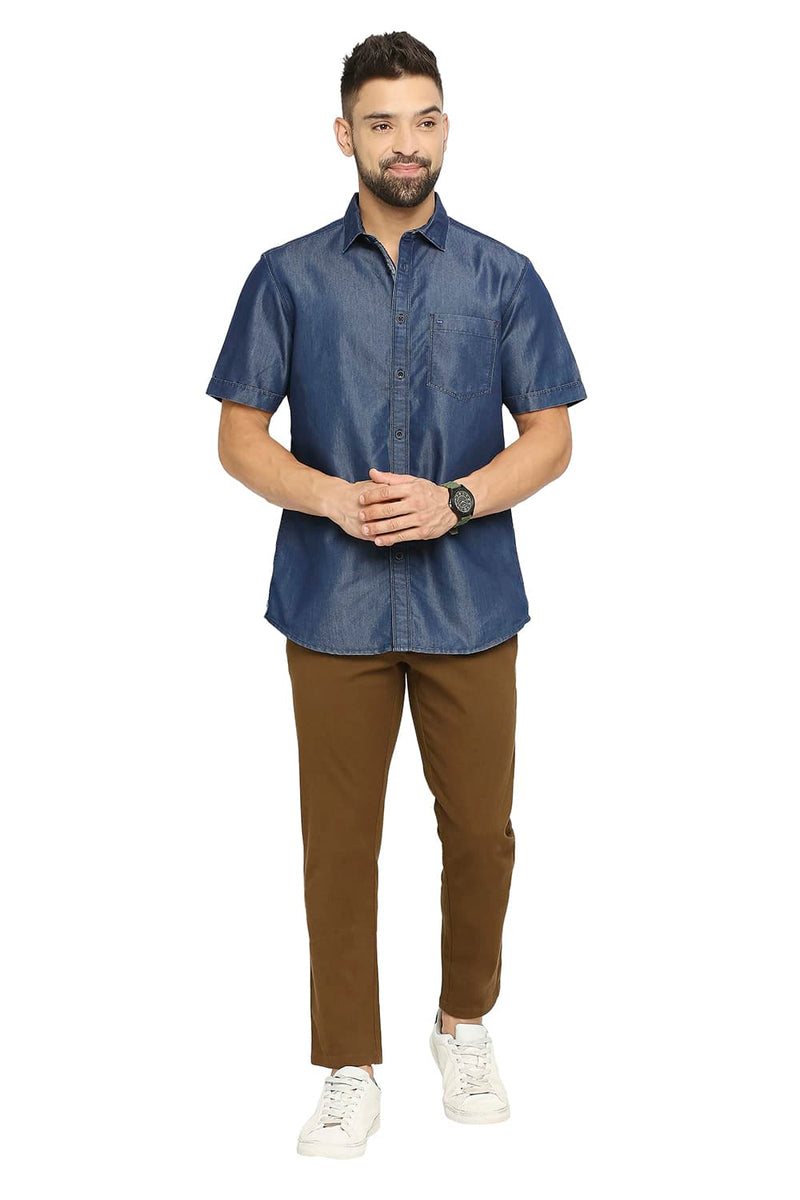 BASICS SLIM FIT COTTON POLYESTER INDIGO HALFSLEEVES SHIRT