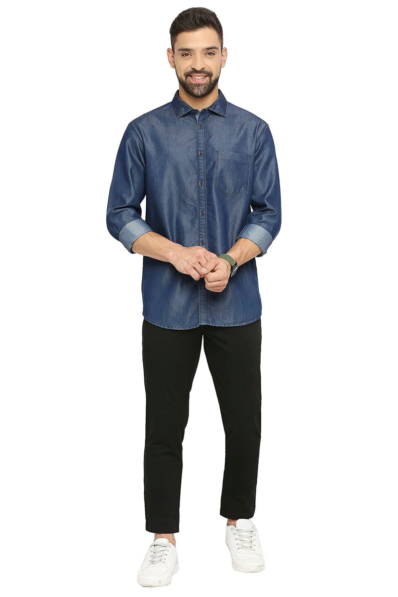 BASICS SLIM FIT COTTON POLYESTER INDIGO SHIRT