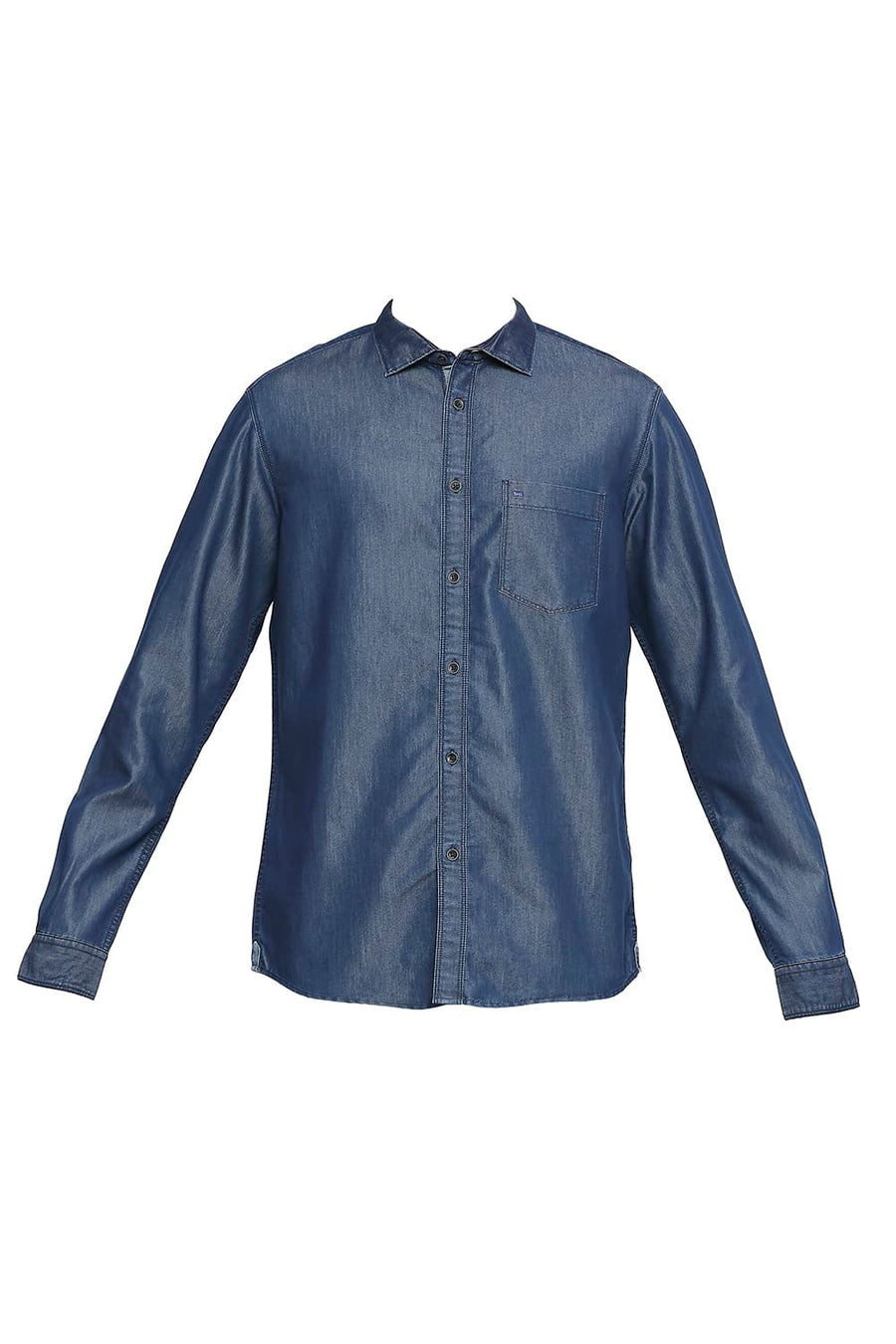 BASICS SLIM FIT POSEIDON BLUE COTTON POLYESTER INDIGO SHIRT