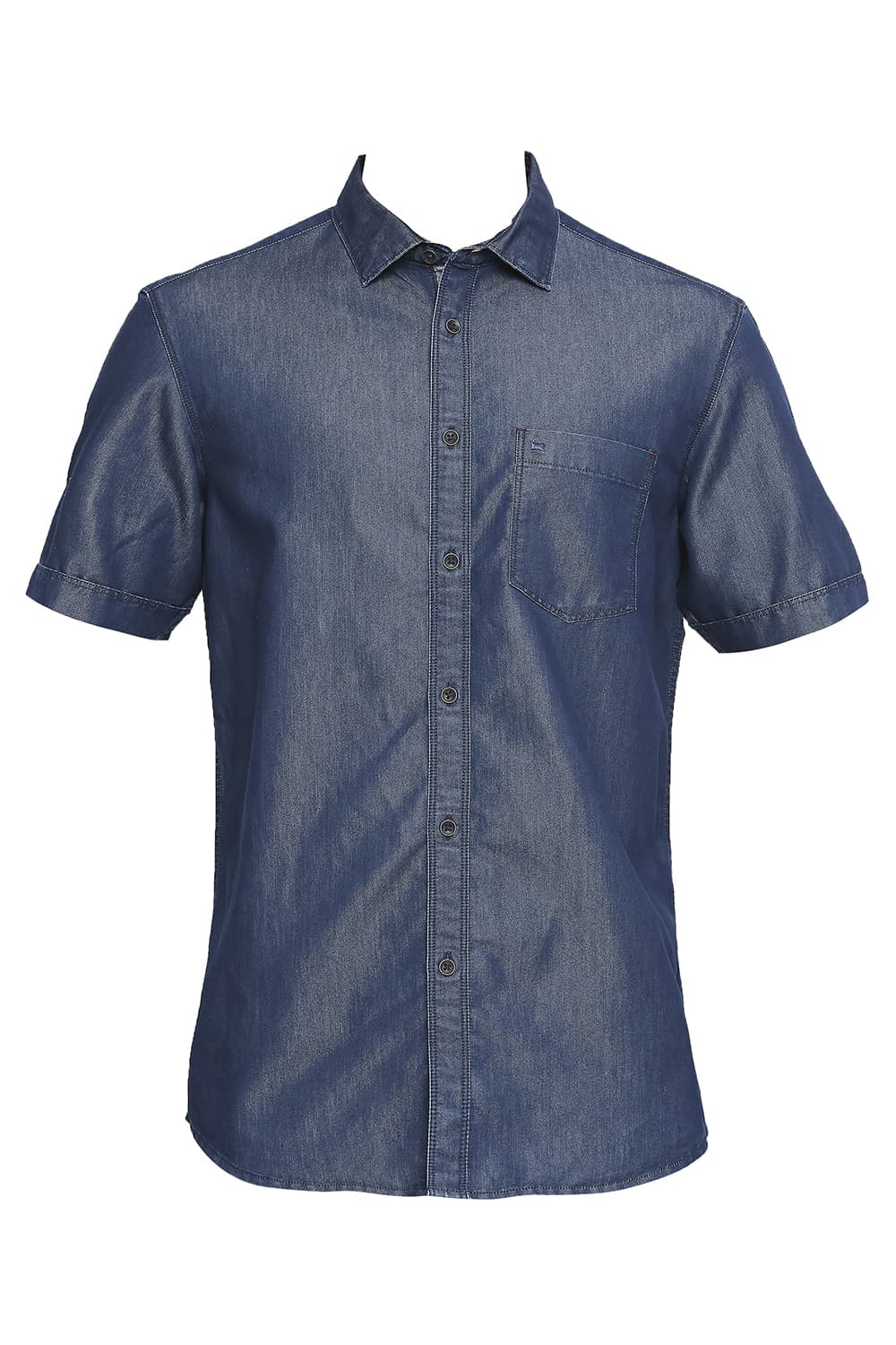 BASICS SLIM FIT COTTON POLYESTER INDIGO HALFSLEEVES SHIRT