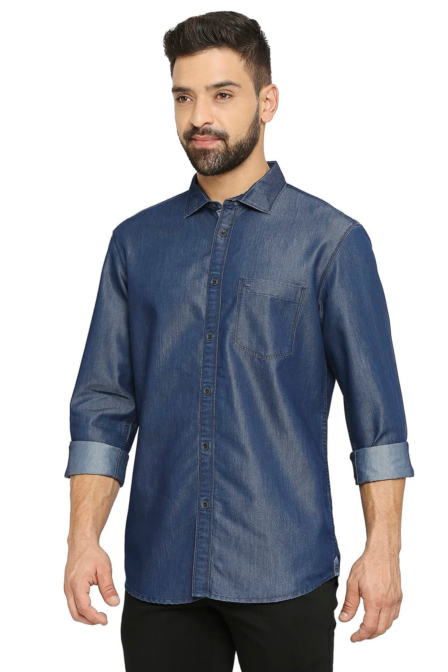 BASICS SLIM FIT POSEIDON BLUE COTTON POLYESTER INDIGO SHIRT