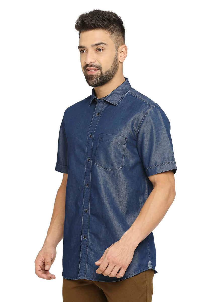 BASICS SLIM FIT COTTON POLYESTER INDIGO HALFSLEEVES SHIRT