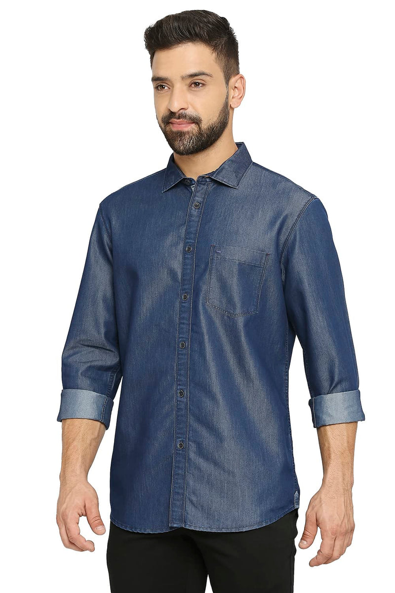 BASICS SLIM FIT COTTON POLYESTER INDIGO SHIRT