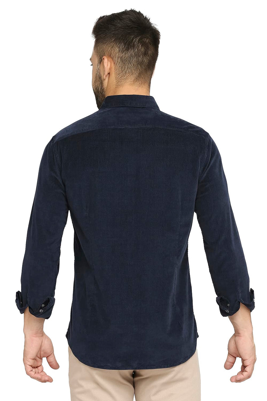 BASICS SLIM FIT SPACE NAVY COTTON CORDUORY STRETCH SHIRT