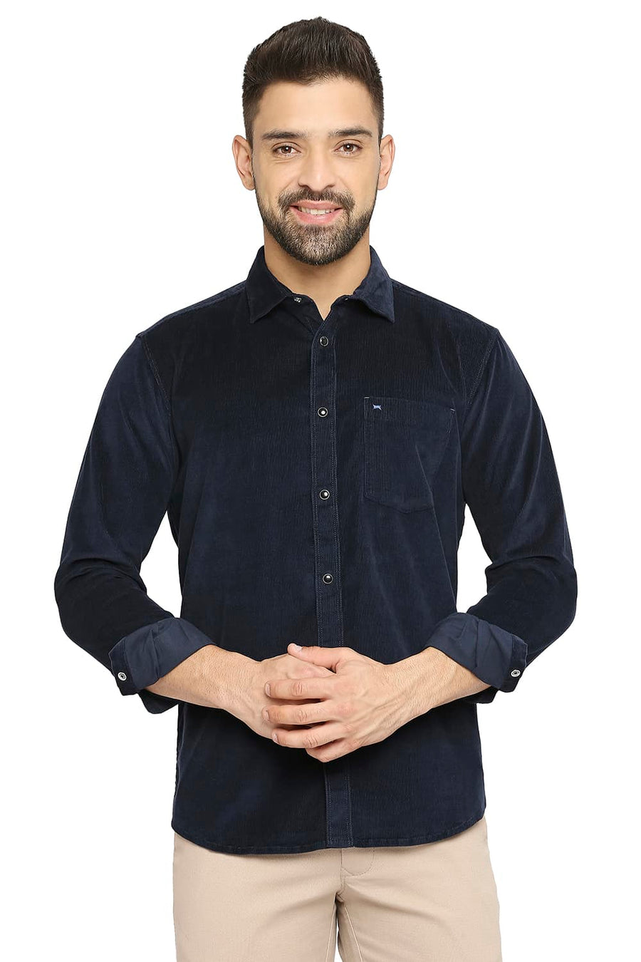 BASICS SLIM FIT SPACE NAVY COTTON CORDUORY STRETCH SHIRT