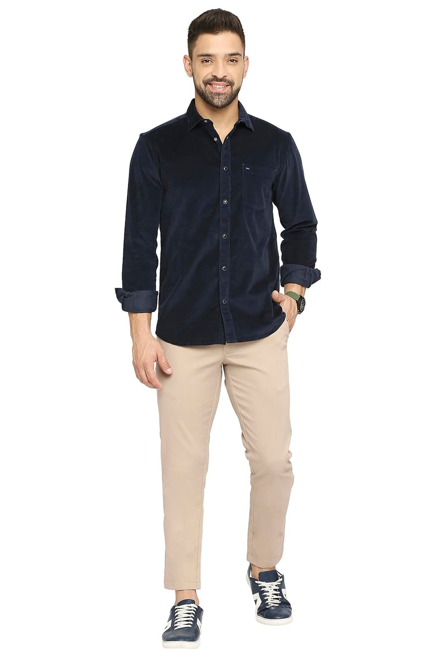 BASICS SLIM FIT SPACE NAVY COTTON CORDUORY STRETCH SHIRT