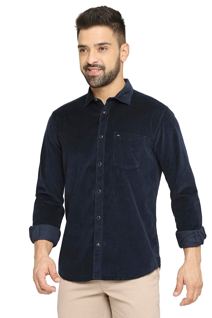 BASICS SLIM FIT SPACE NAVY COTTON CORDUORY STRETCH SHIRT
