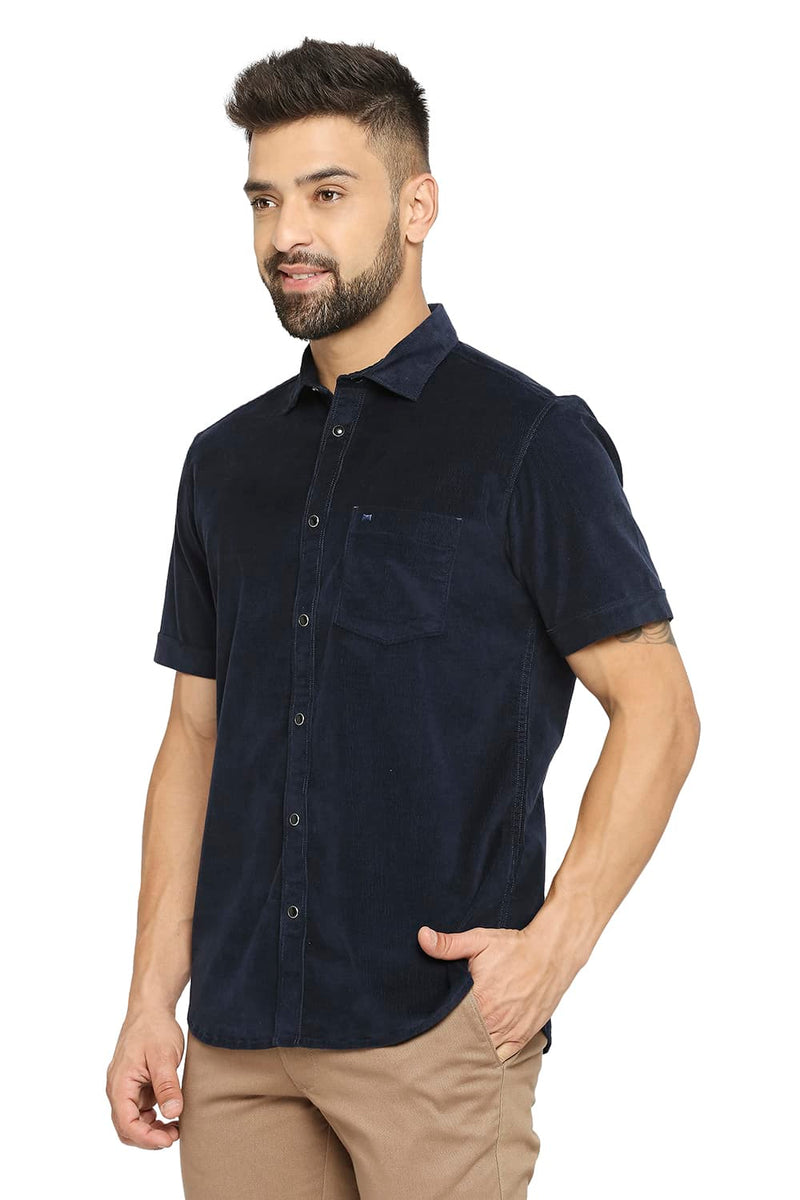 BASICS SLIM FIT COTTON CORDUORY STRETCH HALFSLEEVES SHIRT