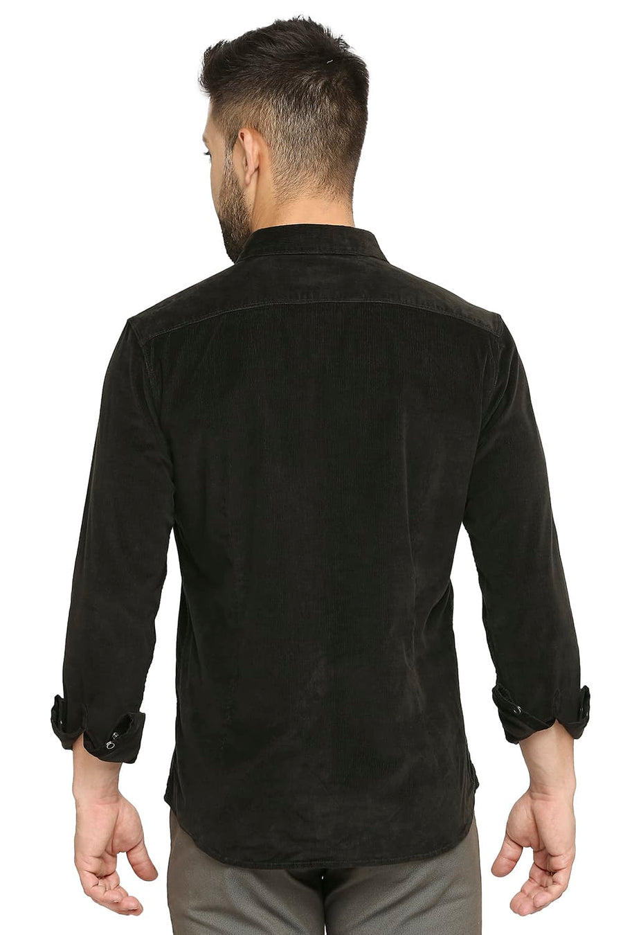 BASICS SLIM FIT DUFFEL GREEN COTTON CORDUORY STRETCH SHIRT
