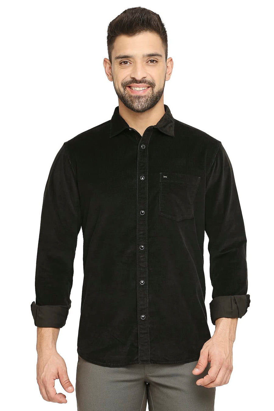 BASICS SLIM FIT DUFFEL GREEN COTTON CORDUORY STRETCH SHIRT