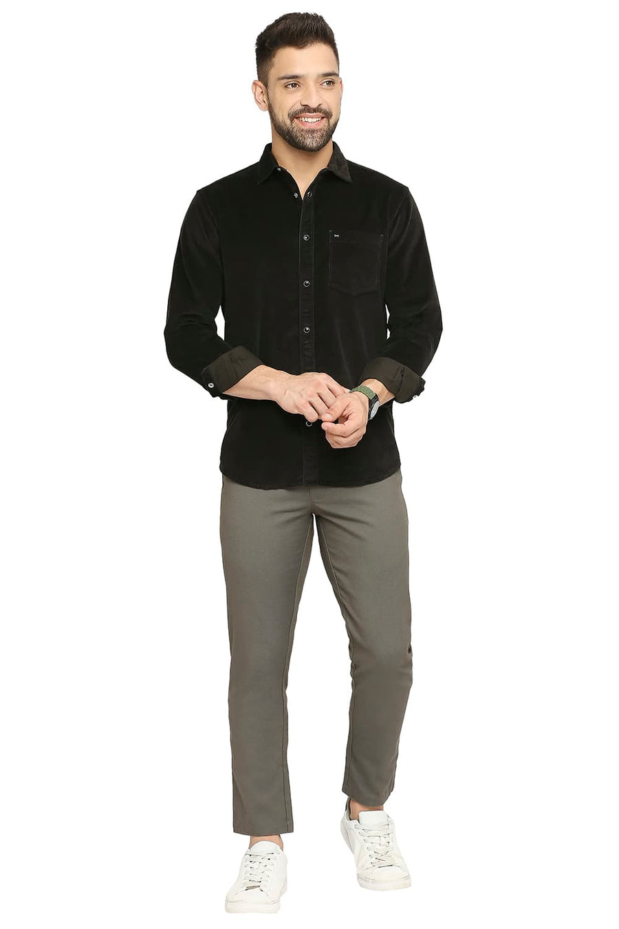 BASICS SLIM FIT DUFFEL GREEN COTTON CORDUORY STRETCH SHIRT