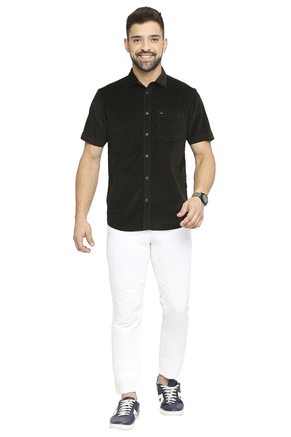 BASICS SLIM FIT COTTON CORDUORY STRETCH HALFSLEEVES SHIRT