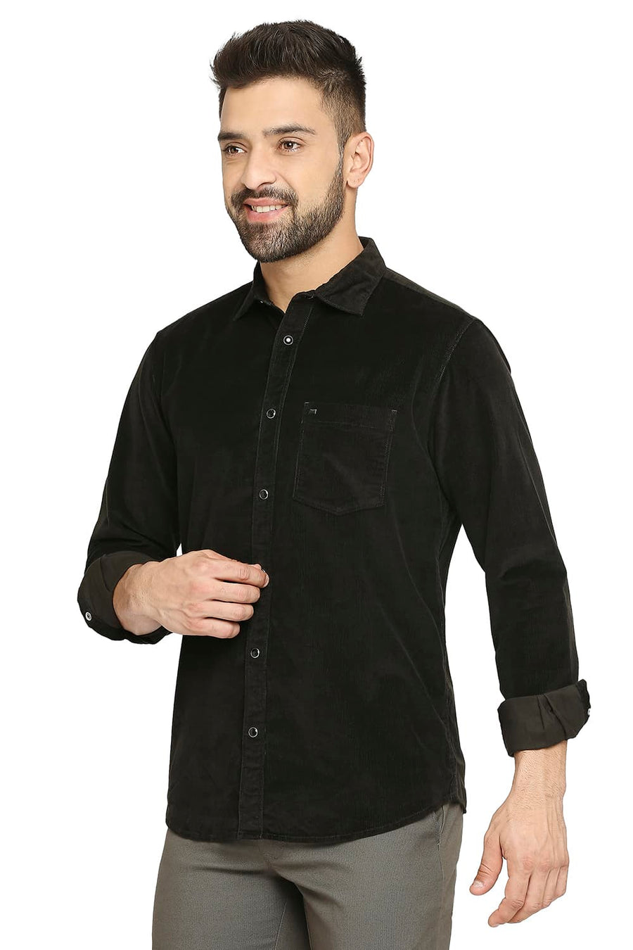 BASICS SLIM FIT DUFFEL GREEN COTTON CORDUORY STRETCH SHIRT