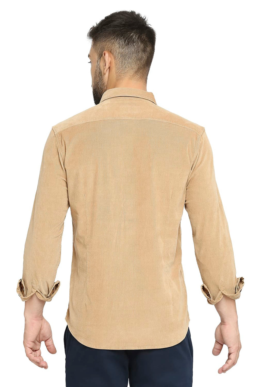 BASICS SLIM FIT BEIGE LARK COTTON CORDUORY STRETCH SHIRT