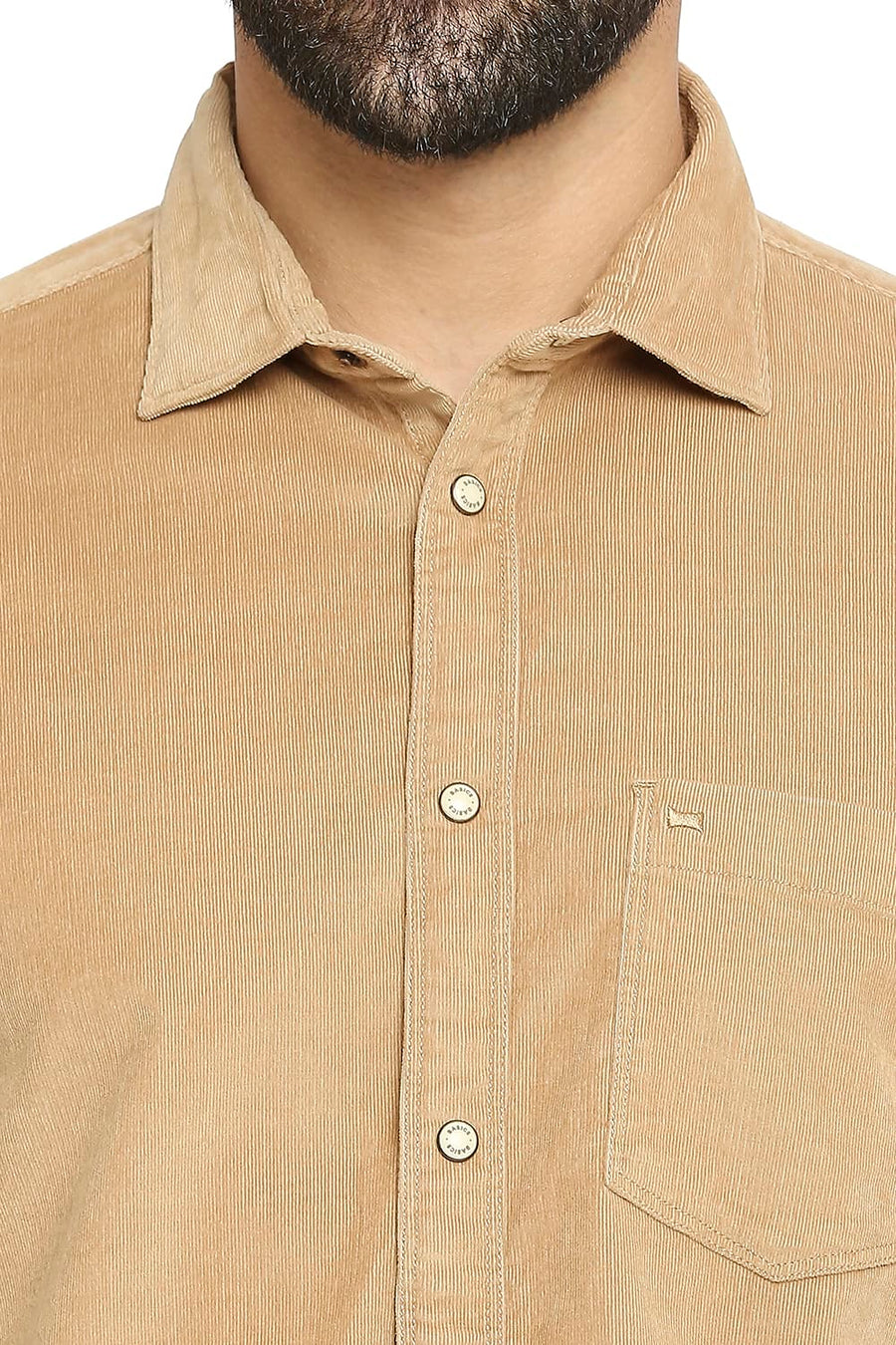 BASICS SLIM FIT BEIGE LARK COTTON CORDUORY STRETCH SHIRT
