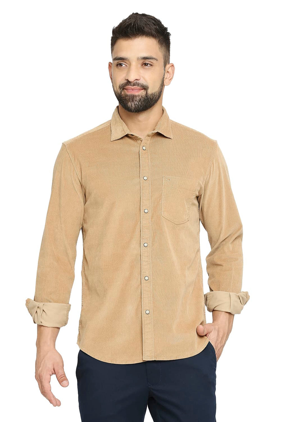 BASICS SLIM FIT BEIGE LARK COTTON CORDUORY STRETCH SHIRT