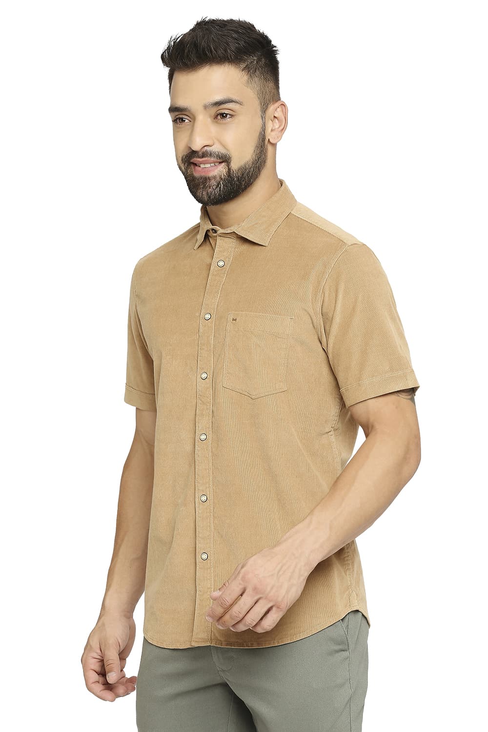 BASICS SLIM FIT COTTON CORDUORY STRETCH HALFSLEEVES SHIRT