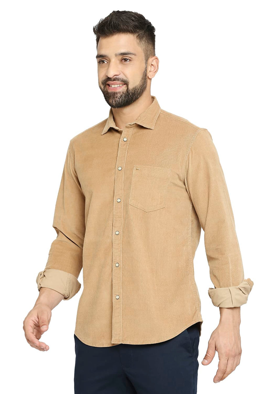 BASICS SLIM FIT BEIGE LARK COTTON CORDUORY STRETCH SHIRT