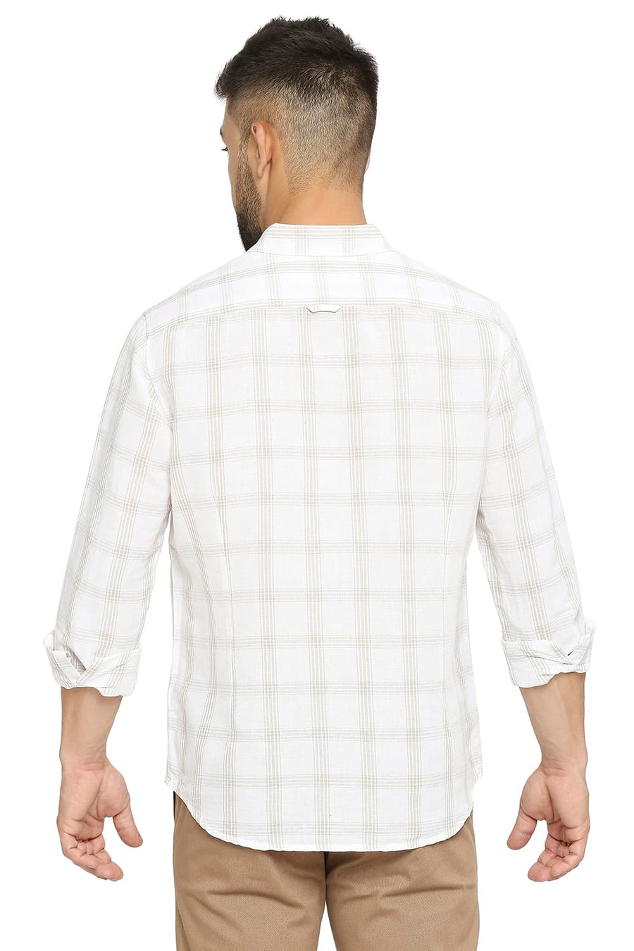 BASICS SLIM FIT BRIGHT WHITE COTTON LINEN CHECKS SHIRT