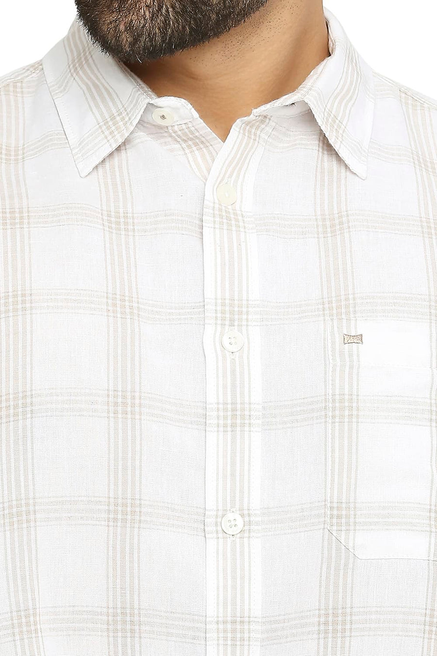 BASICS SLIM FIT BRIGHT WHITE COTTON LINEN CHECKS SHIRT