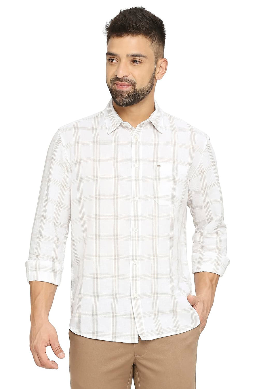 BASICS SLIM FIT BRIGHT WHITE COTTON LINEN CHECKS SHIRT