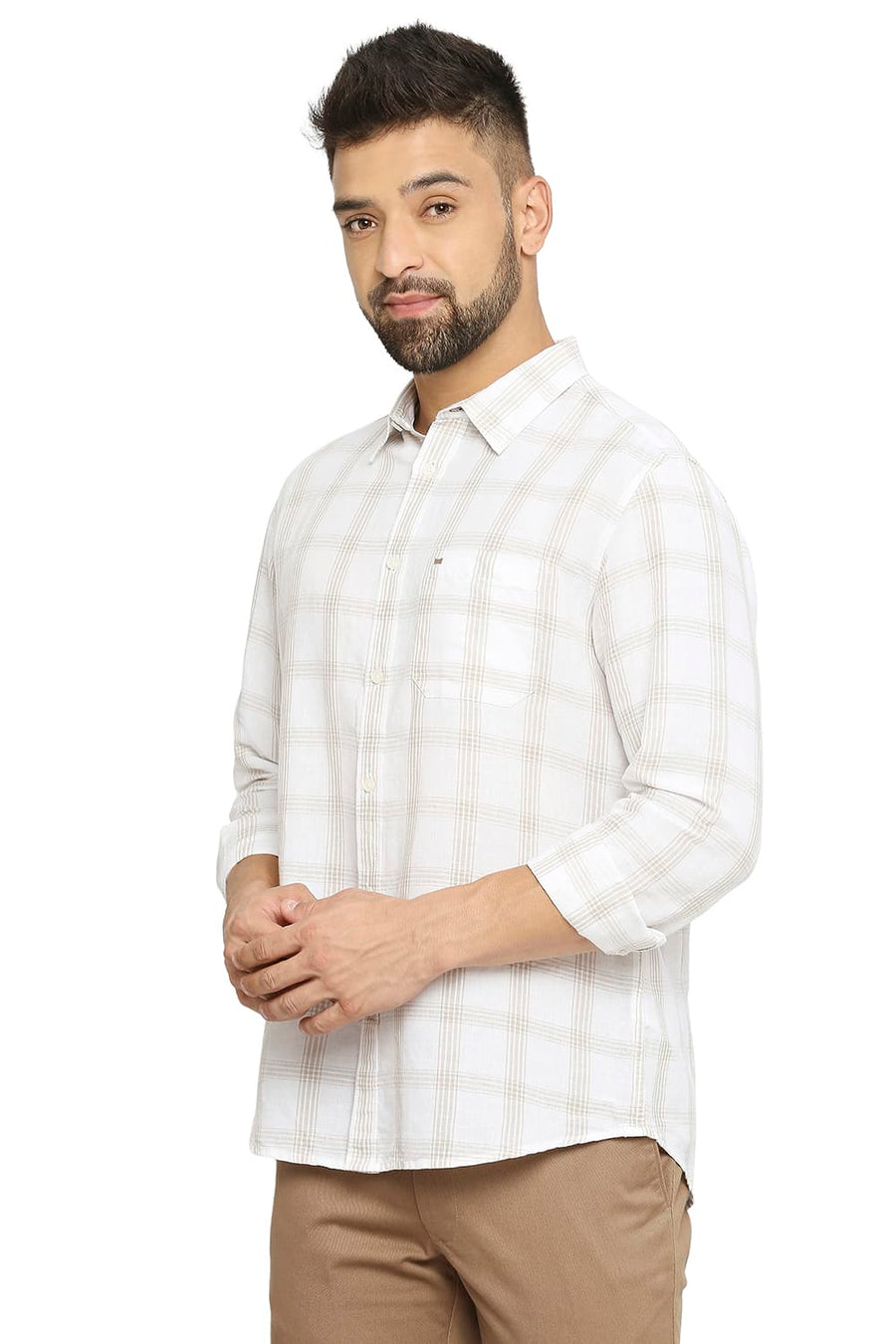 BASICS SLIM FIT BRIGHT WHITE COTTON LINEN CHECKS SHIRT