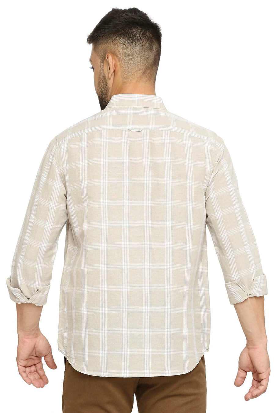 BASICS SLIM FIT CEMENT BEIGE COTTON LINEN CHECKS SHIRT