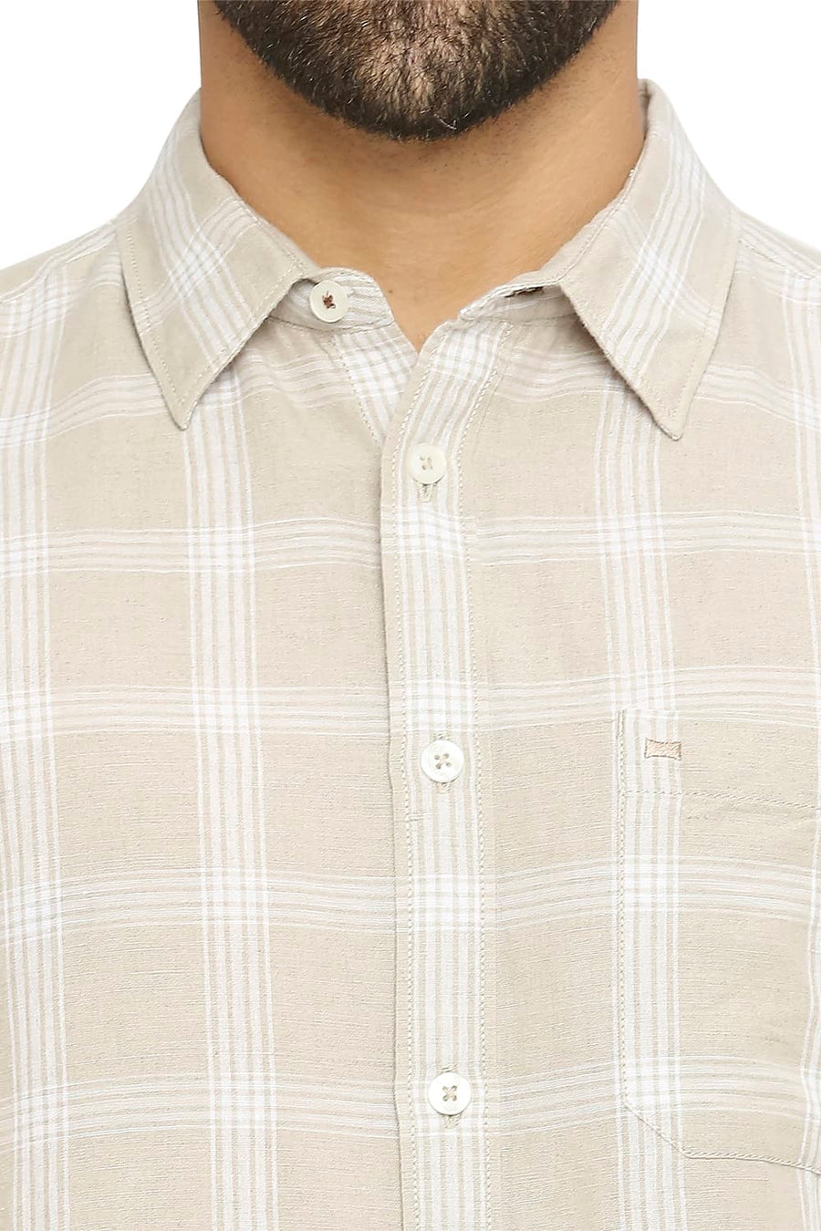 BASICS SLIM FIT CEMENT BEIGE COTTON LINEN CHECKS SHIRT