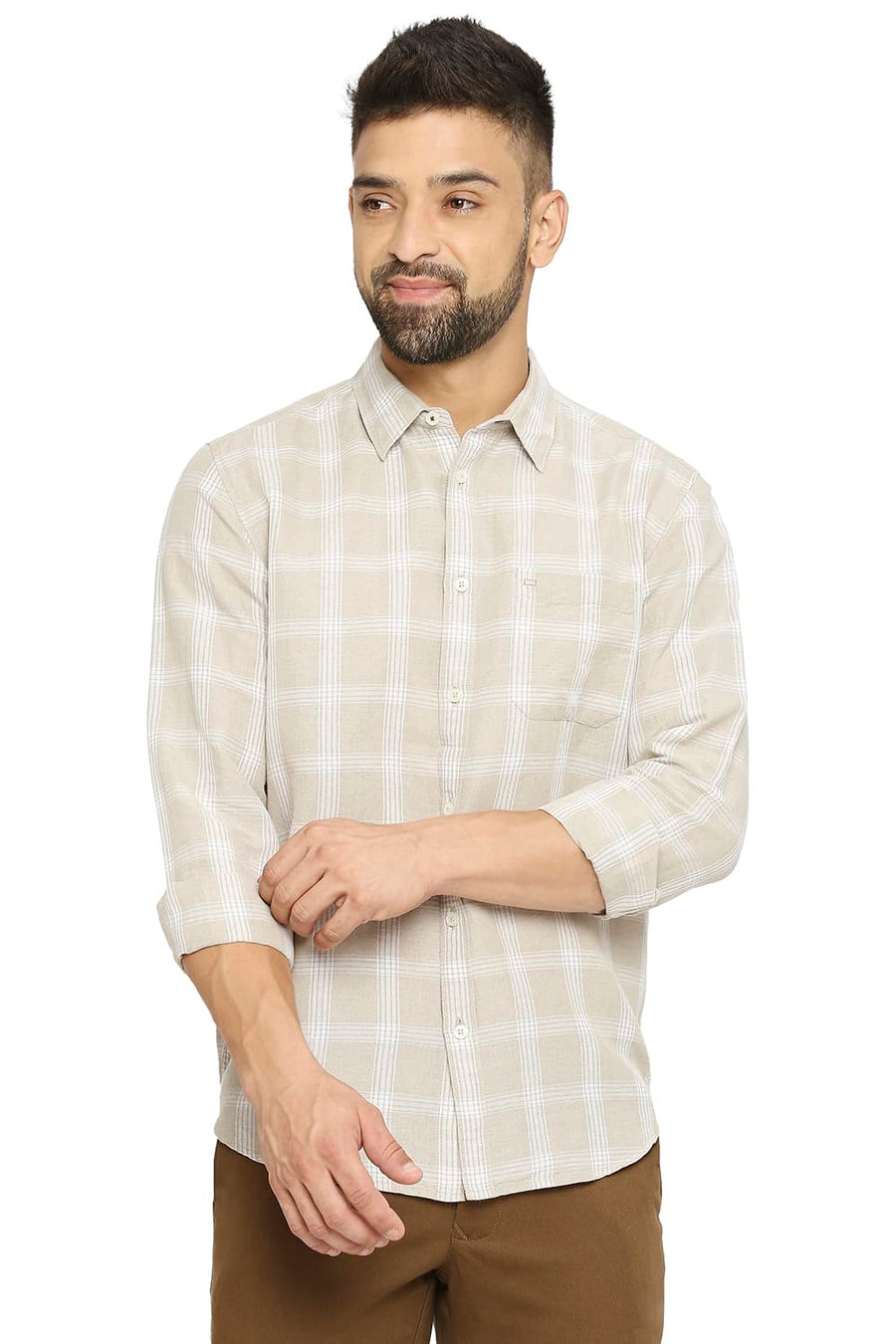BASICS SLIM FIT CEMENT BEIGE COTTON LINEN CHECKS SHIRT