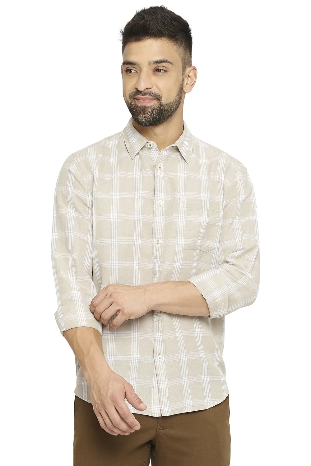 BASICS SLIM FIT COTTON LINEN CHECKS SHIRT