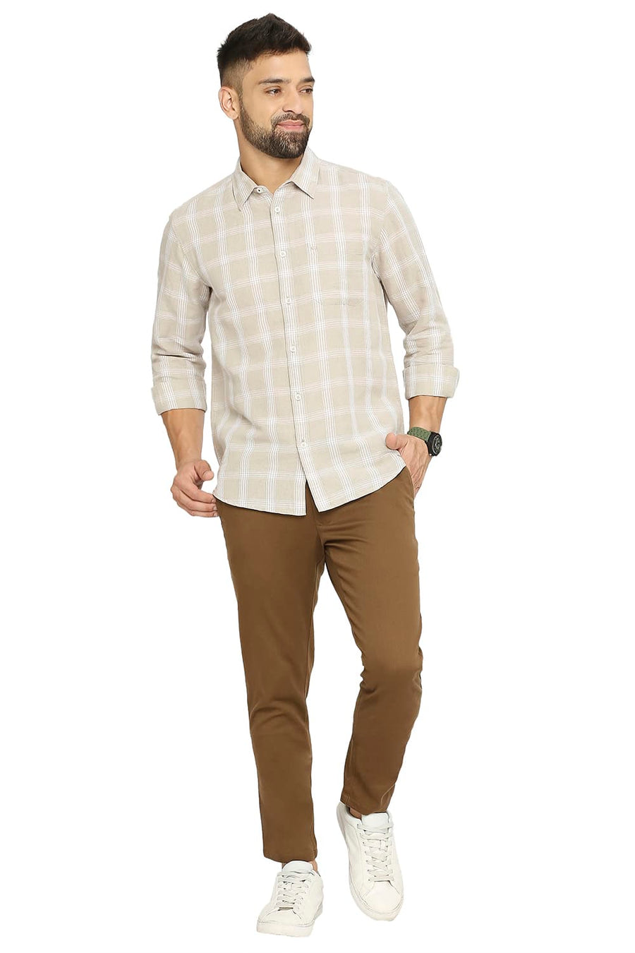 BASICS SLIM FIT CEMENT BEIGE COTTON LINEN CHECKS SHIRT