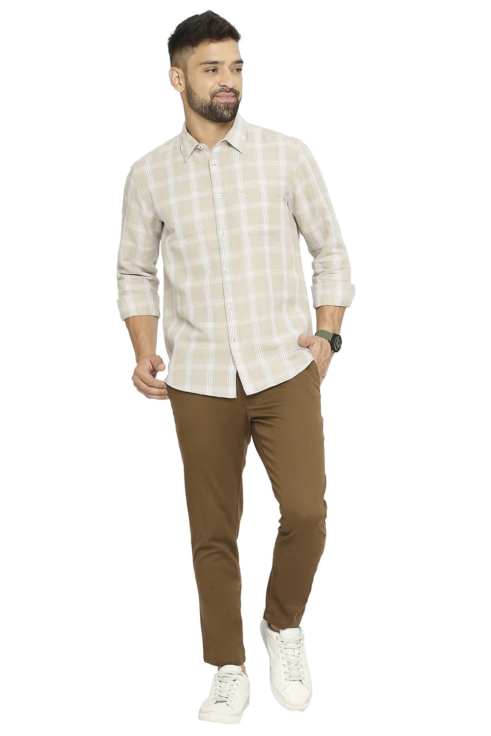 BASICS SLIM FIT COTTON LINEN CHECKS SHIRT