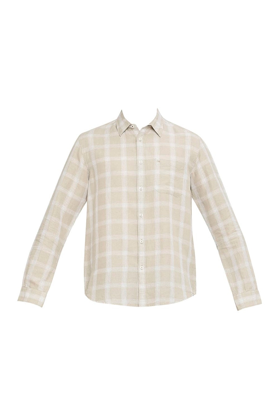 BASICS SLIM FIT CEMENT BEIGE COTTON LINEN CHECKS SHIRT