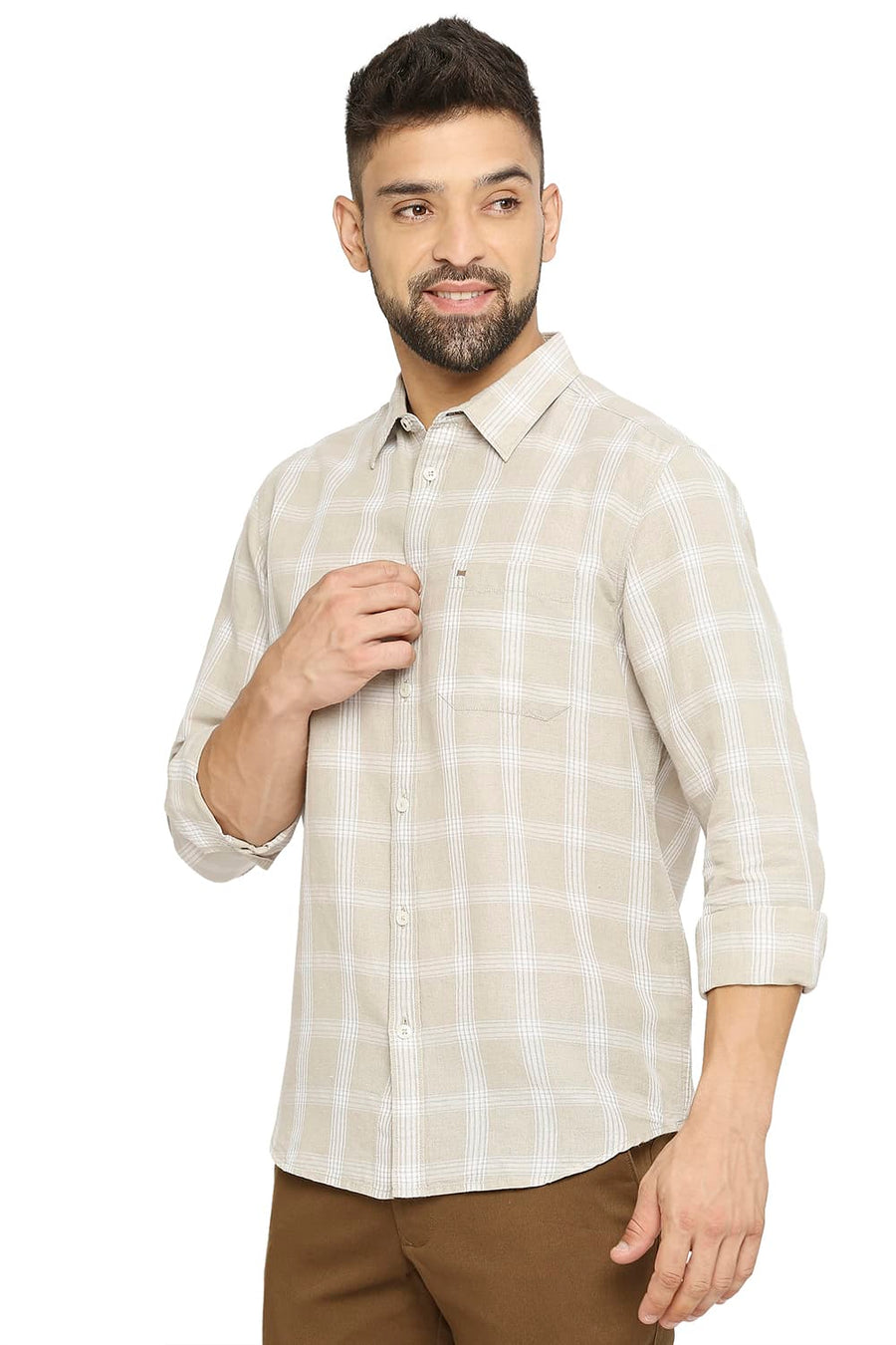 BASICS SLIM FIT CEMENT BEIGE COTTON LINEN CHECKS SHIRT