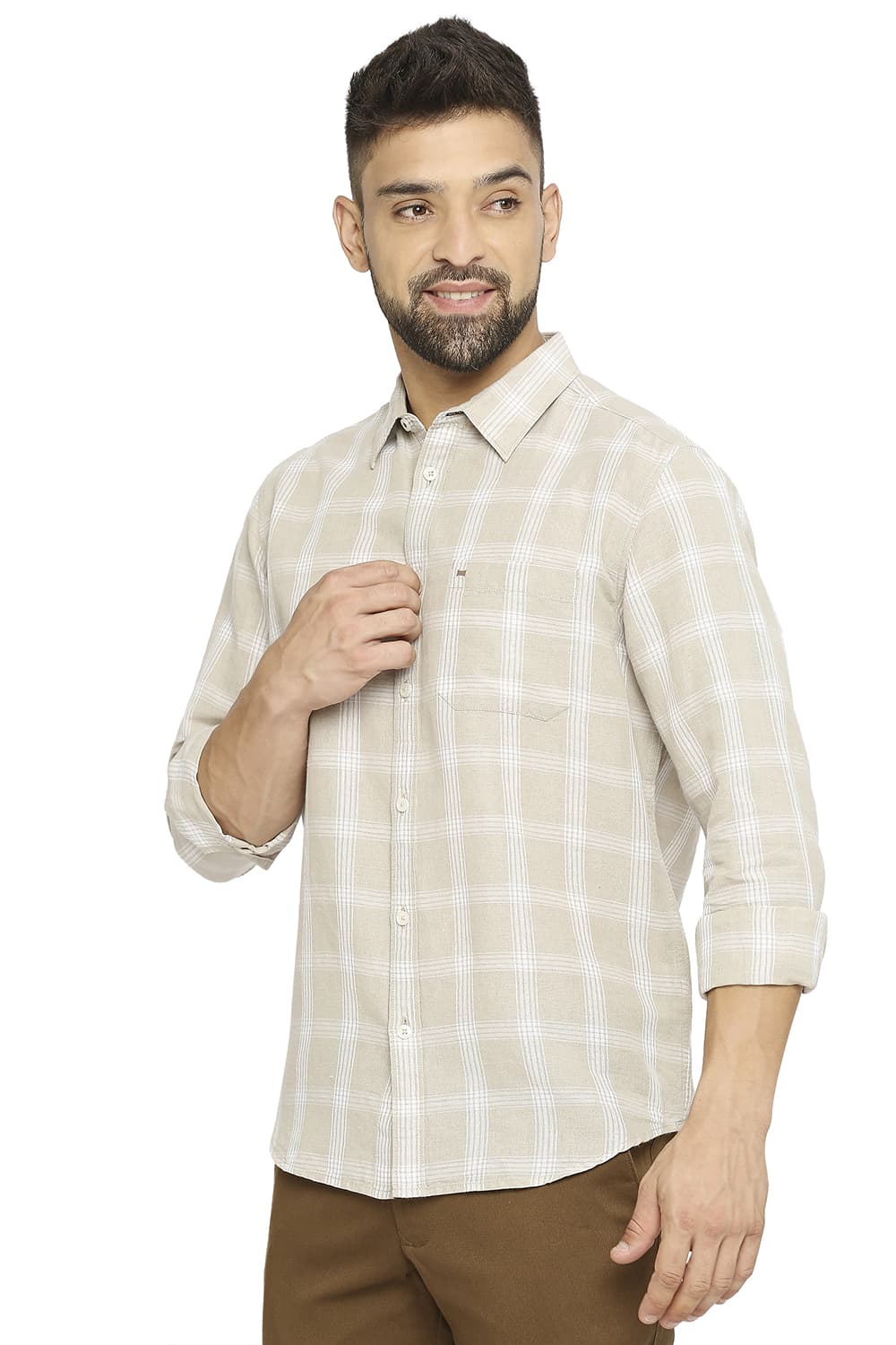 BASICS SLIM FIT COTTON LINEN CHECKS SHIRT