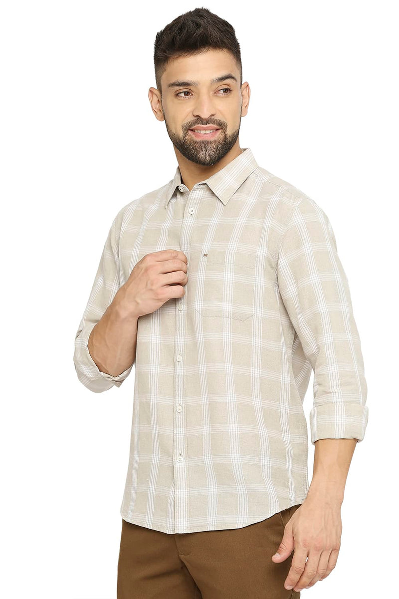 BASICS SLIM FIT COTTON LINEN CHECKS SHIRT