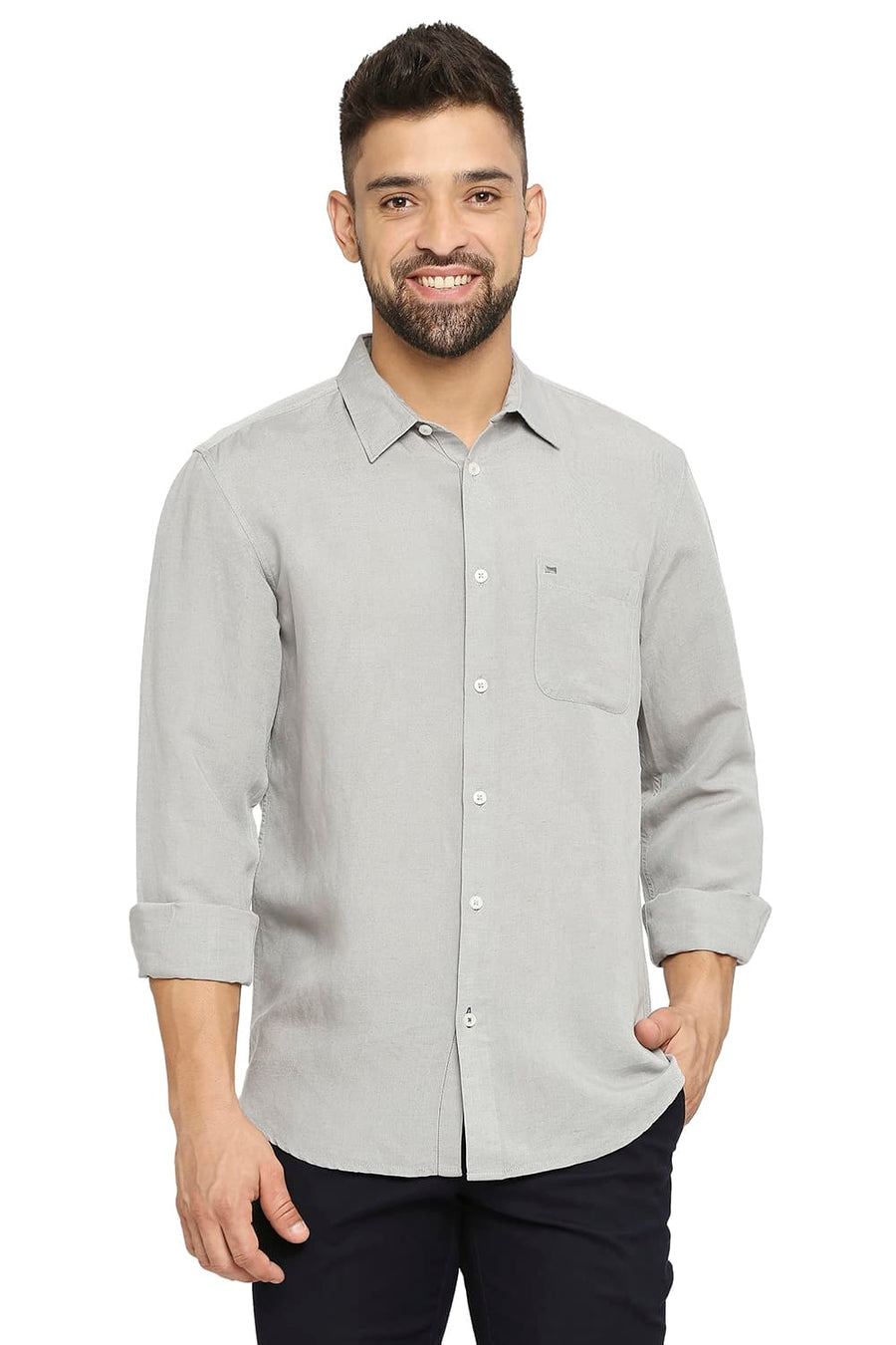 BASICS SLIM FIT STEEL GREY LINEN VISCOSE SHIRT