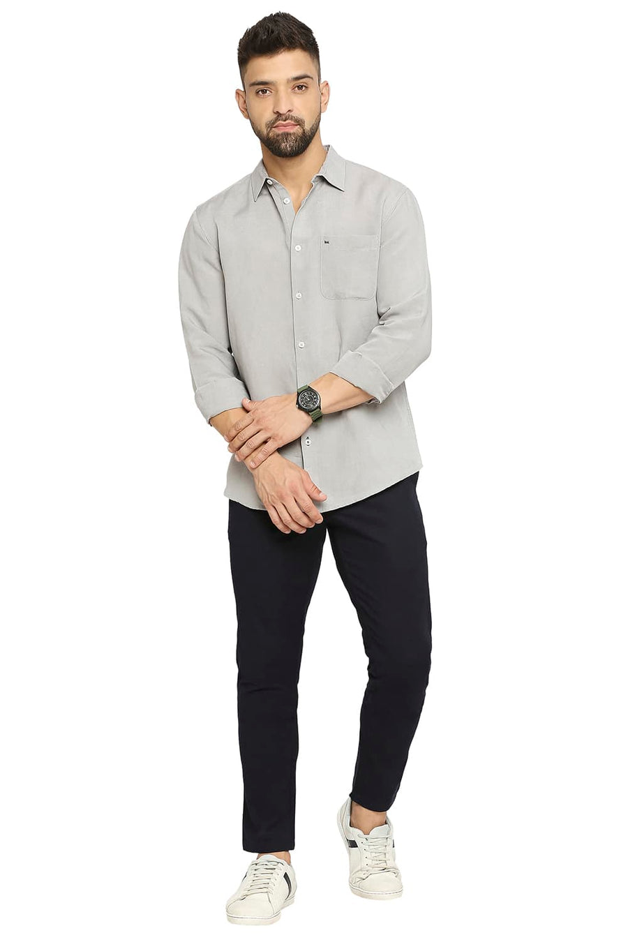BASICS SLIM FIT STEEL GREY LINEN VISCOSE SHIRT