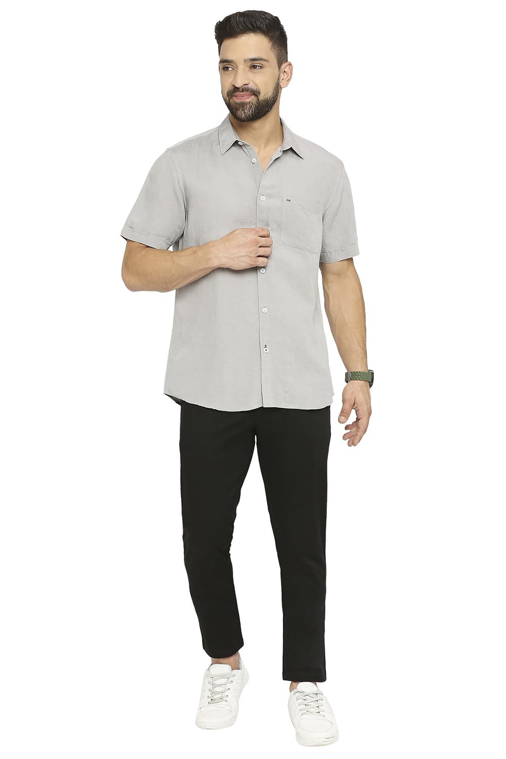 BASICS SLIM FIT LINEN VISCOSE HALFSLEEVES SHIRT