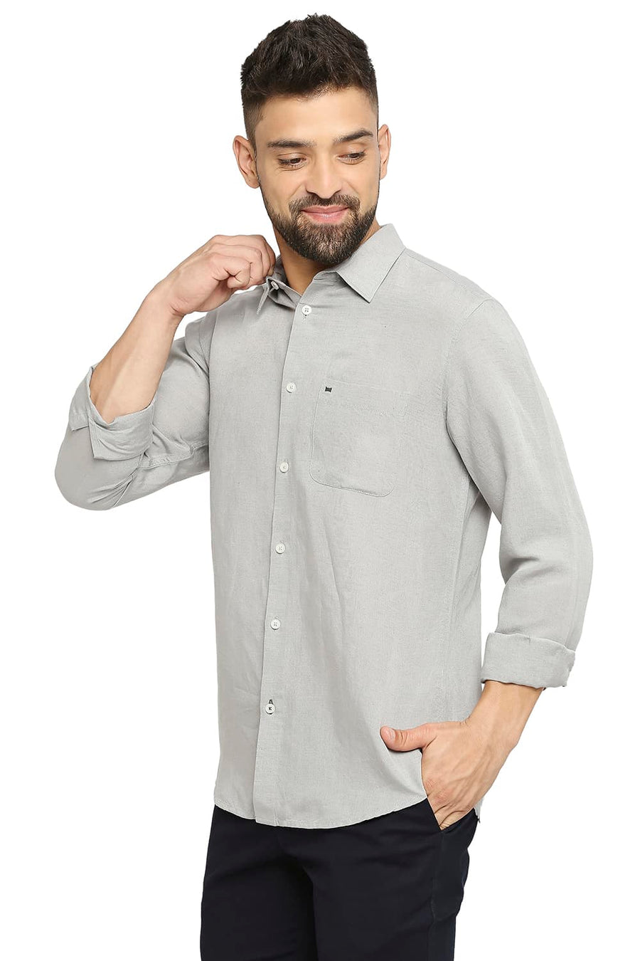 BASICS SLIM FIT STEEL GREY LINEN VISCOSE SHIRT