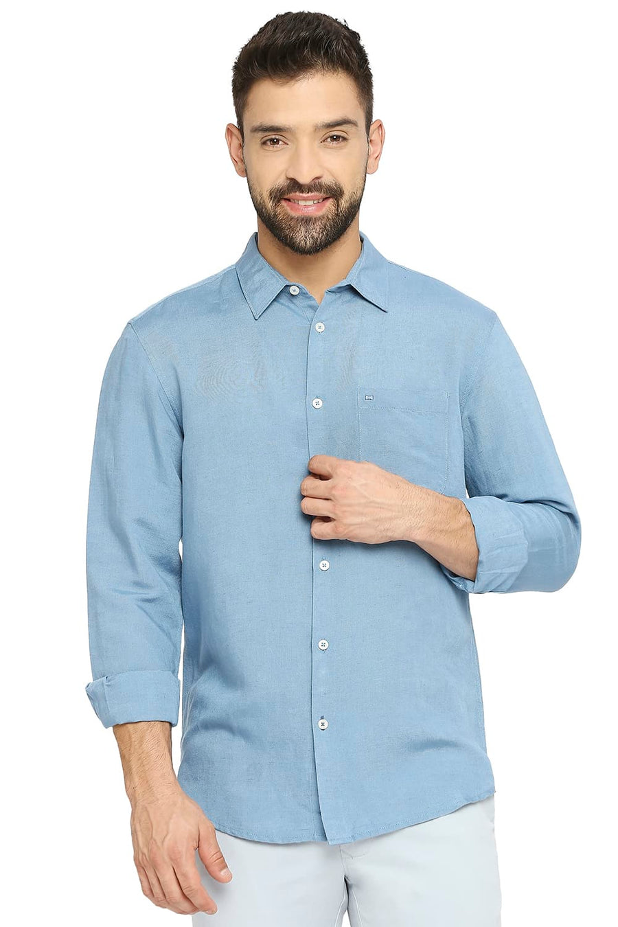 BASICS SLIM FIT MOON BLUE LINEN VISCOSE SHIRT