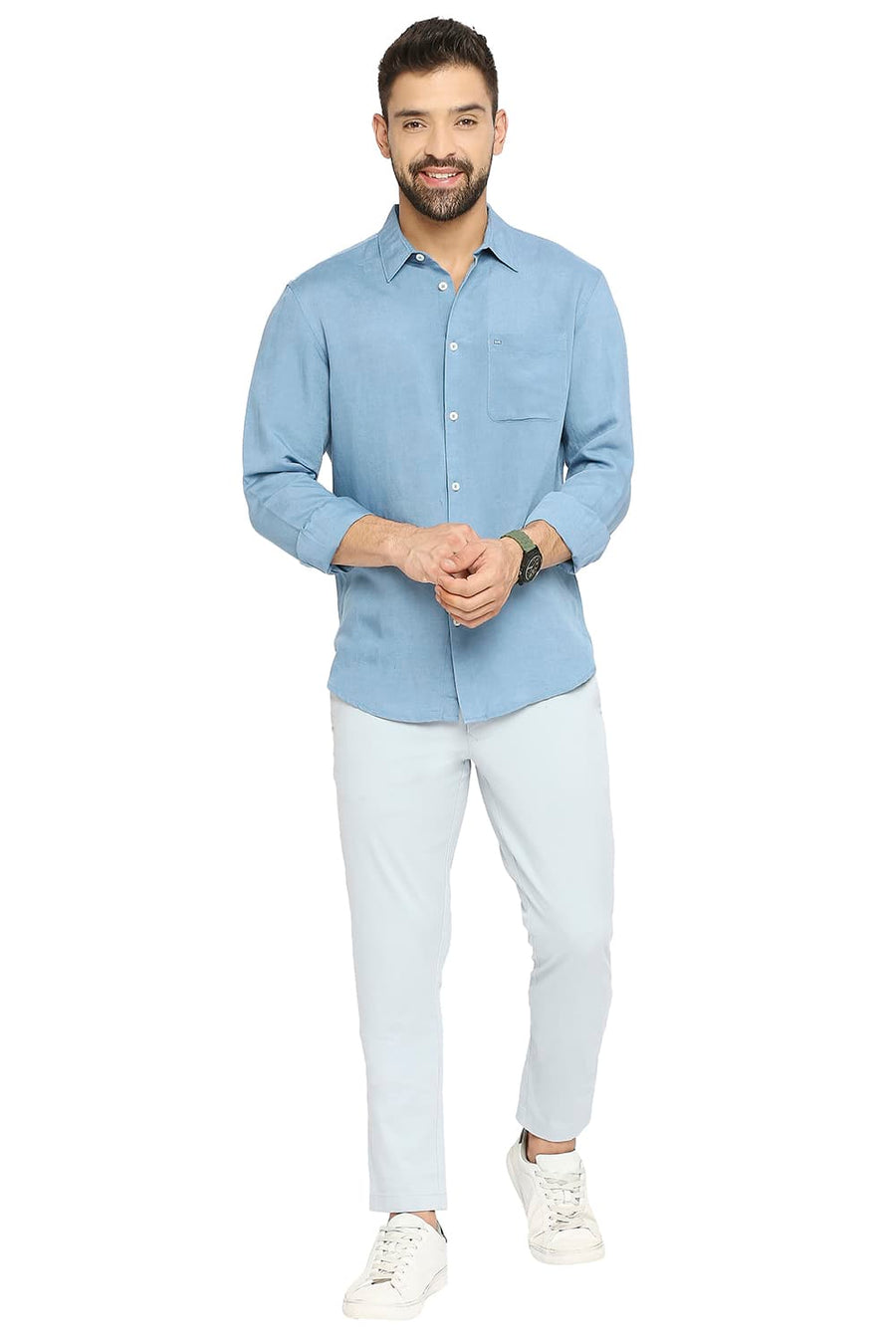 BASICS SLIM FIT MOON BLUE LINEN VISCOSE SHIRT