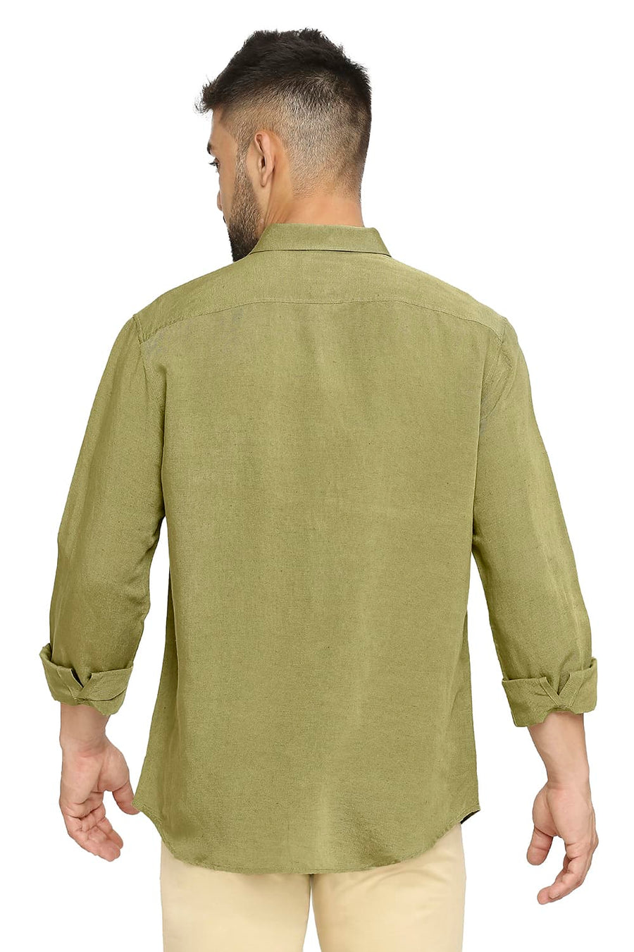 BASICS SLIM FIT DILL OLIVE LINEN VISCOSE SHIRT