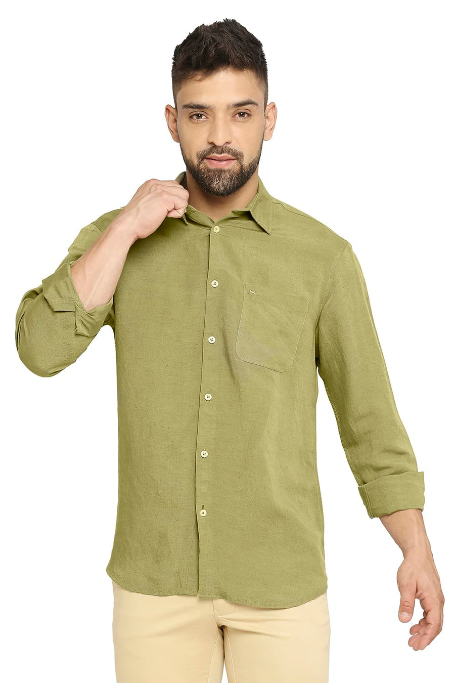 BASICS SLIM FIT DILL OLIVE LINEN VISCOSE SHIRT